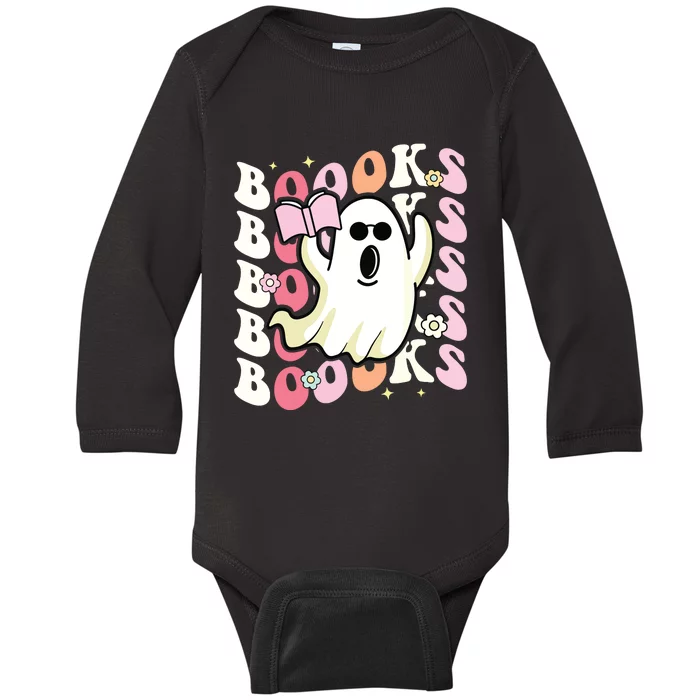 Boooks Ghost Groovy Book Reading Halloween Teacher Baby Long Sleeve Bodysuit