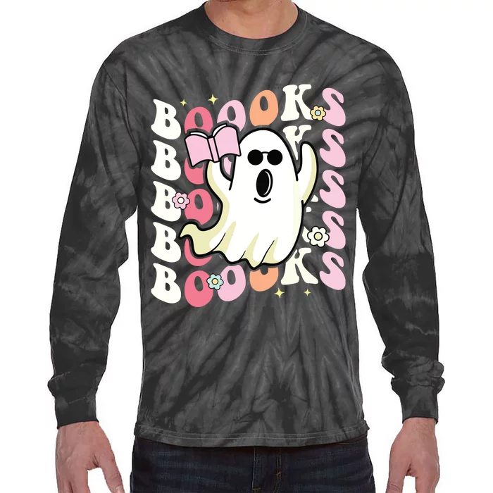 Boooks Ghost Groovy Book Reading Halloween Teacher Tie-Dye Long Sleeve Shirt