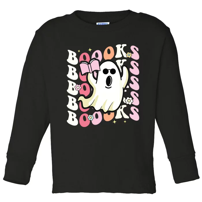 Boooks Ghost Groovy Book Reading Halloween Teacher Toddler Long Sleeve Shirt