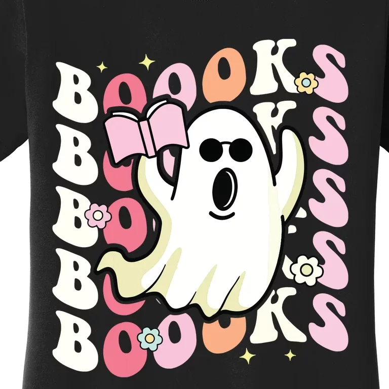 Boooks Ghost Groovy Book Reading Halloween Teacher Women's T-Shirt