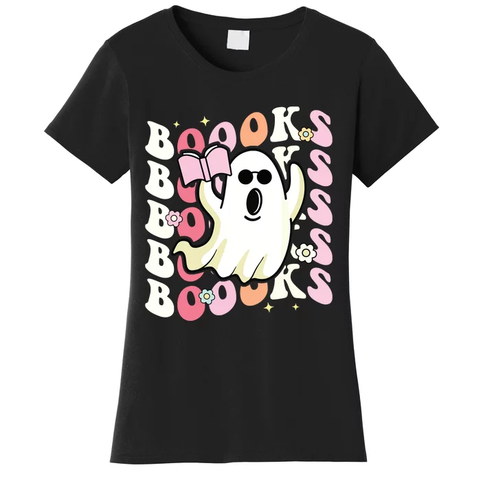 Boooks Ghost Groovy Book Reading Halloween Teacher Women's T-Shirt