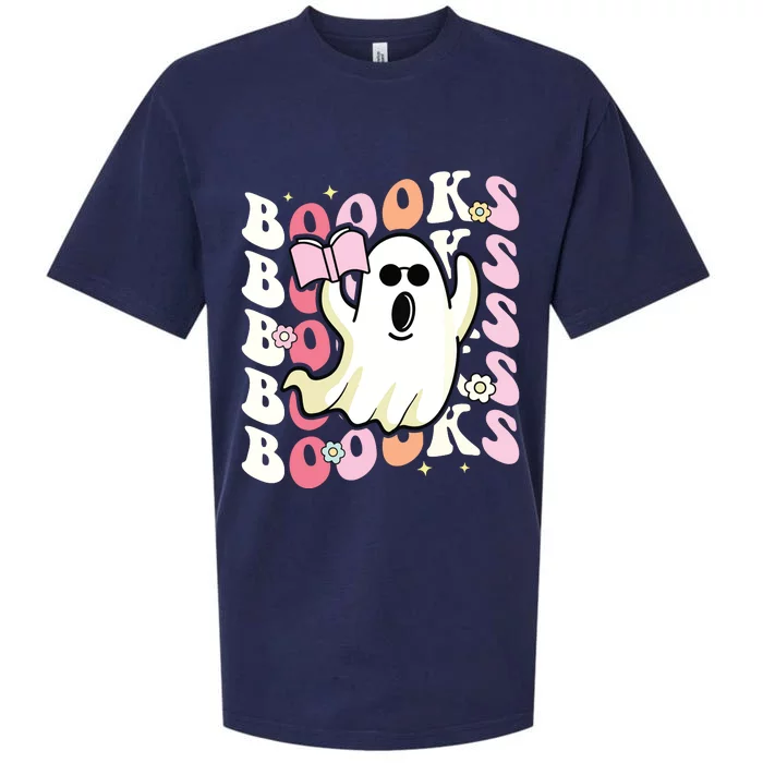 Boooks Ghost Groovy Book Reading Halloween Teacher Sueded Cloud Jersey T-Shirt