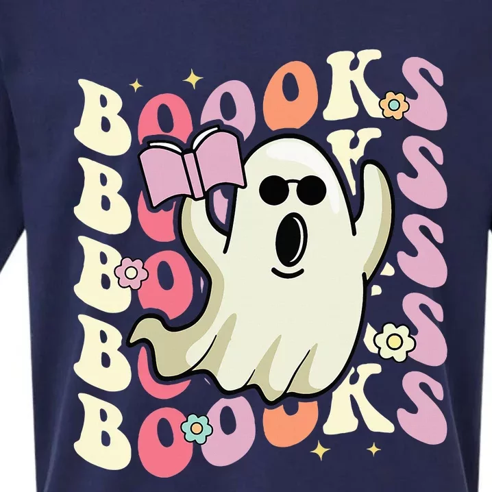 Boooks Ghost Groovy Book Reading Halloween Teacher Sueded Cloud Jersey T-Shirt