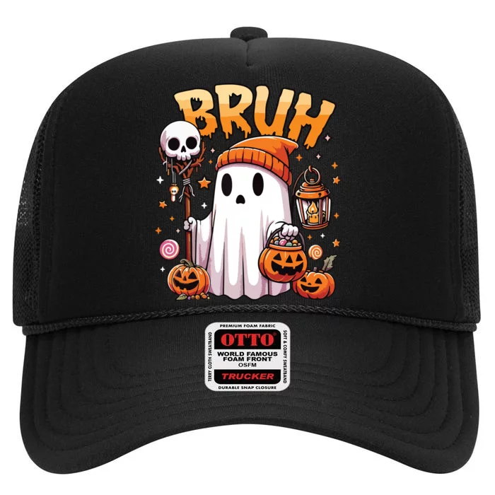 Bruh Ghost Halloween Cute Ghost Trick Or Treat Candy High Crown Mesh Trucker Hat