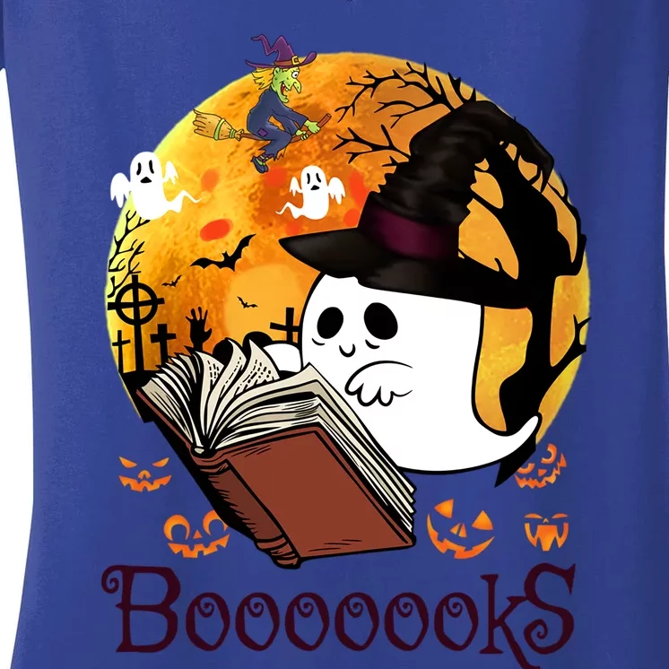 Booooks Ghost Halloween Librarian Reading Teacher Book Lover Meaningful Gift Women's V-Neck T-Shirt