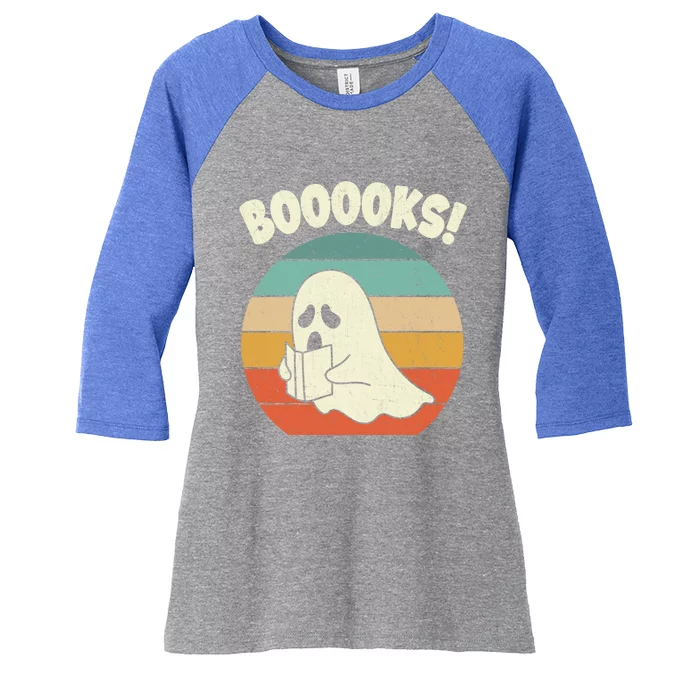 Booooks Ghost Halloween Vintage Teacher Book Library Reading Cute Gift Women's Tri-Blend 3/4-Sleeve Raglan Shirt