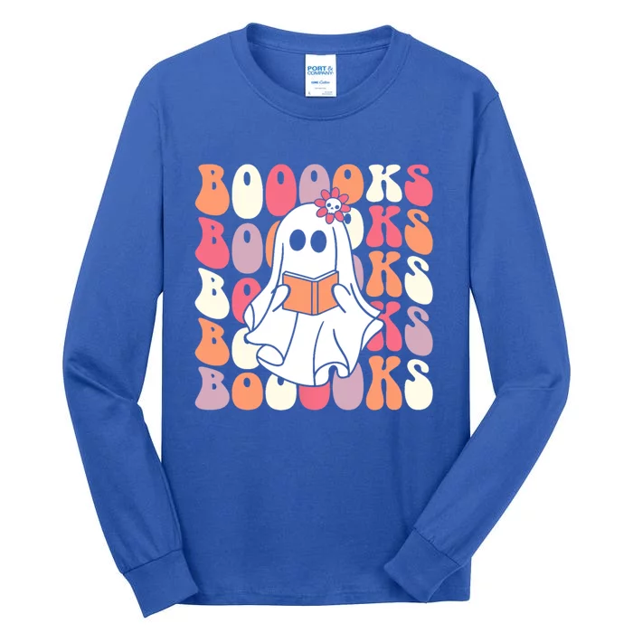 Booooks Ghost Halloween Groovy Vintage Teacher Book Reading Gift Tall Long Sleeve T-Shirt