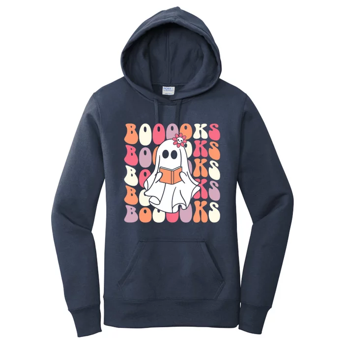 Booooks Ghost Halloween Groovy Vintage Teacher Book Reading Gift Women's Pullover Hoodie