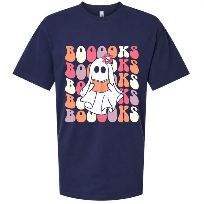 Booooks Ghost Halloween Groovy Vintage Teacher Book Reading Gift Sueded Cloud Jersey T-Shirt