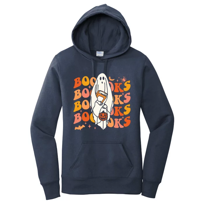 Booooks Ghost Halloween Groovy Vintage Teacher Book Reading Gift Women's Pullover Hoodie