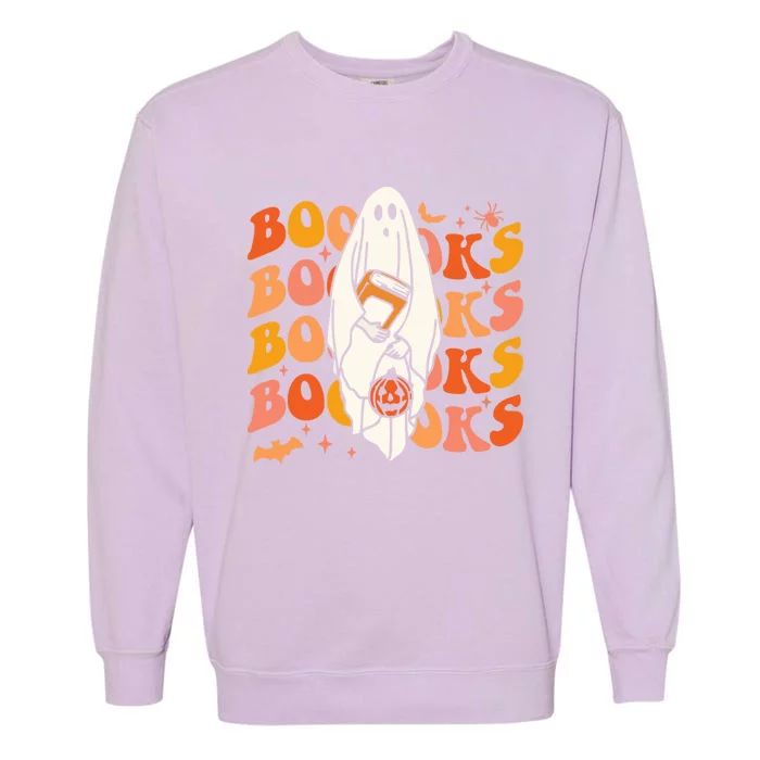 Booooks Ghost Halloween Groovy Vintage Teacher Book Reading Gift Garment-Dyed Sweatshirt