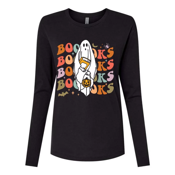 Booooks Ghost Halloween Groovy Vintage Teacher Book Reading Womens Cotton Relaxed Long Sleeve T-Shirt