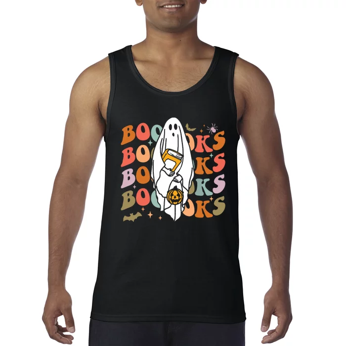 Booooks Ghost Halloween Groovy Vintage Teacher Book Reading Tank Top