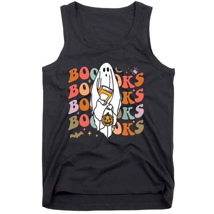 Booooks Ghost Halloween Groovy Vintage Teacher Book Reading Tank Top