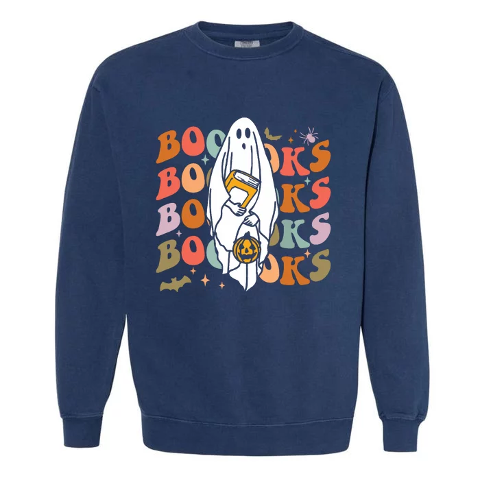 Booooks Ghost Halloween Groovy Vintage Teacher Book Reading Garment-Dyed Sweatshirt