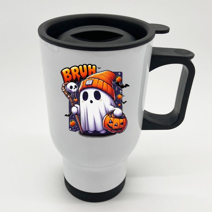 Bruh Ghost Halloween Cute Ghost Trick Or Treat Candy Front & Back Stainless Steel Travel Mug