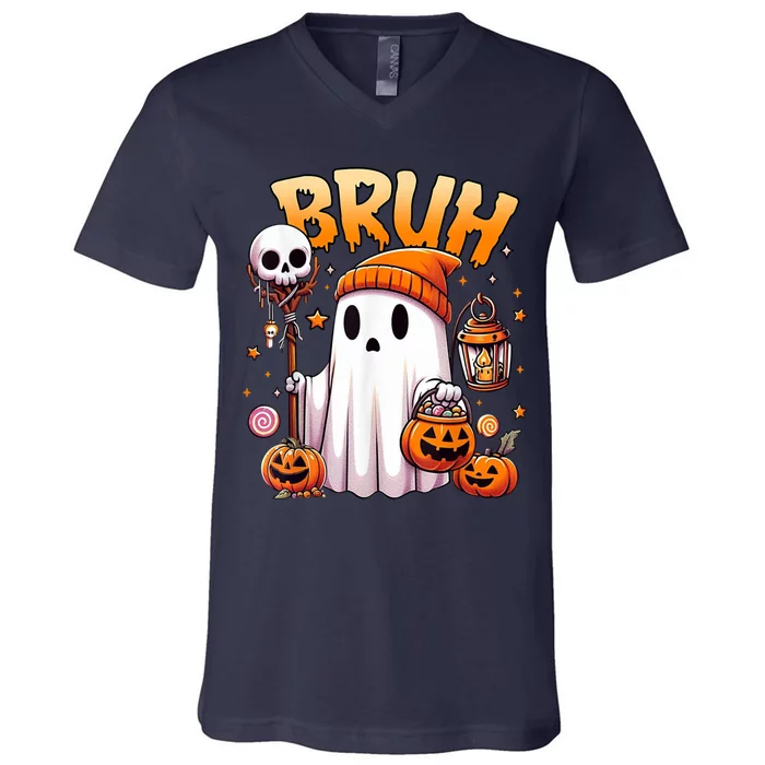 Bruh Ghost Halloween Cute Ghost Trick Or Treat V-Neck T-Shirt