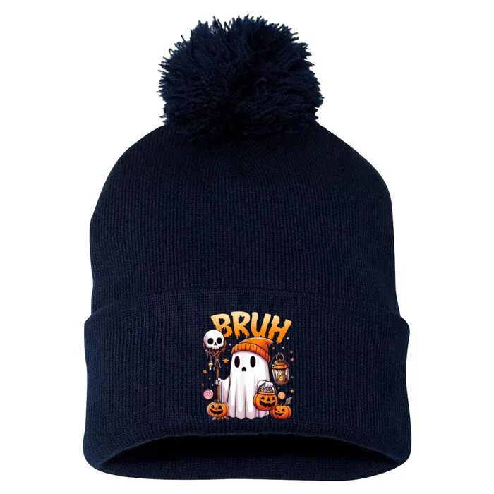 Bruh Ghost Halloween Cute Ghost Trick Or Treat Pom Pom 12in Knit Beanie