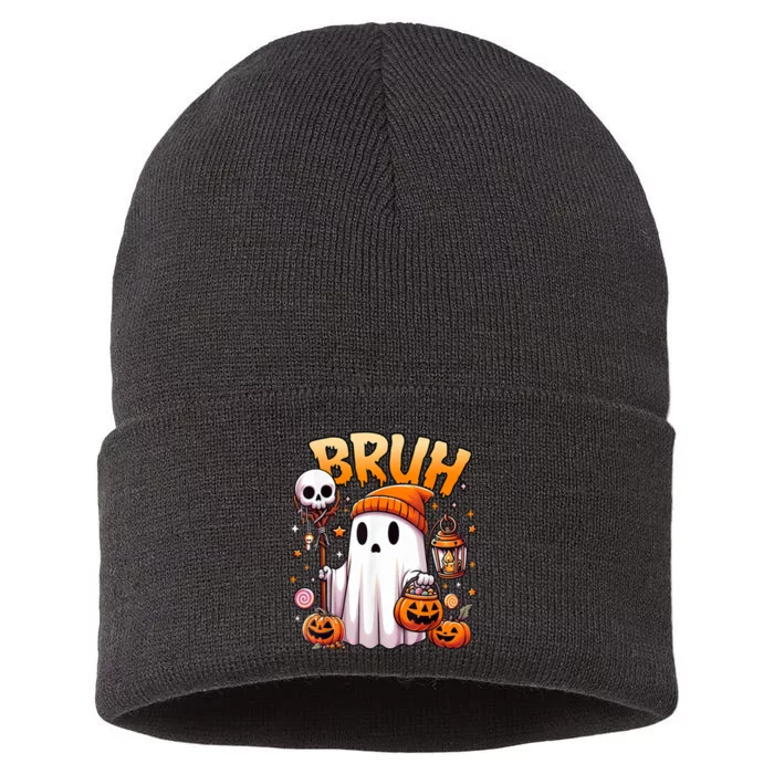 Bruh Ghost Halloween Cute Ghost Trick Or Treat Candy Sustainable Knit Beanie