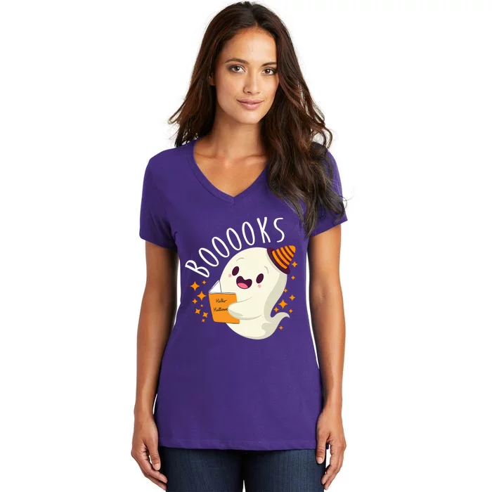 Books Ghost Halloween Cute Funny Women's V-Neck T-Shirt