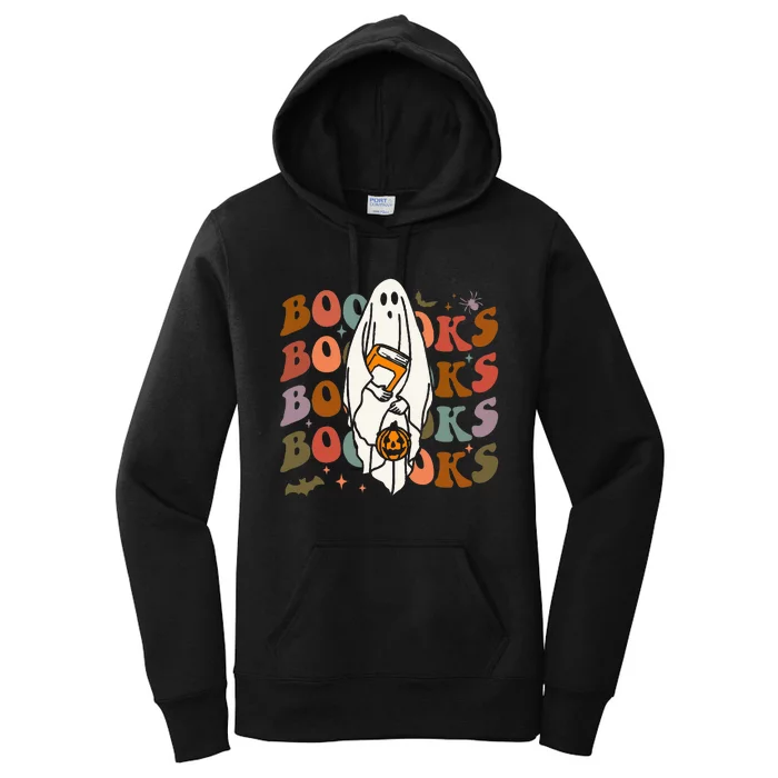 Booooks Ghost Halloween Groovy Vintage Teacher Book Reading Women's Pullover Hoodie