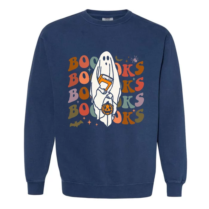 Booooks Ghost Halloween Groovy Vintage Teacher Book Reading Garment-Dyed Sweatshirt