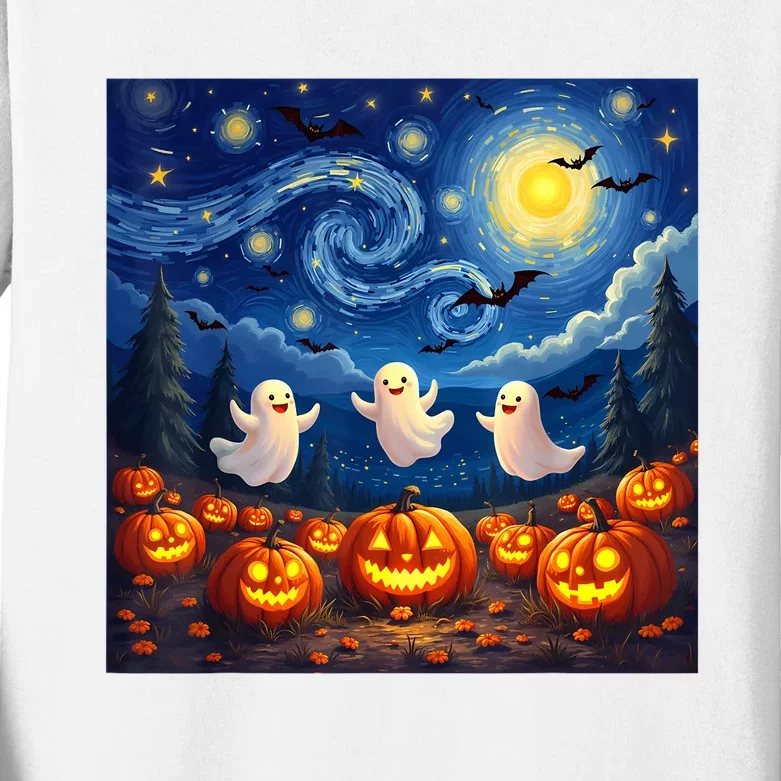 Boo Ghost Halloween Pumpkin Starry Night Van Gogh Kids Long Sleeve Shirt