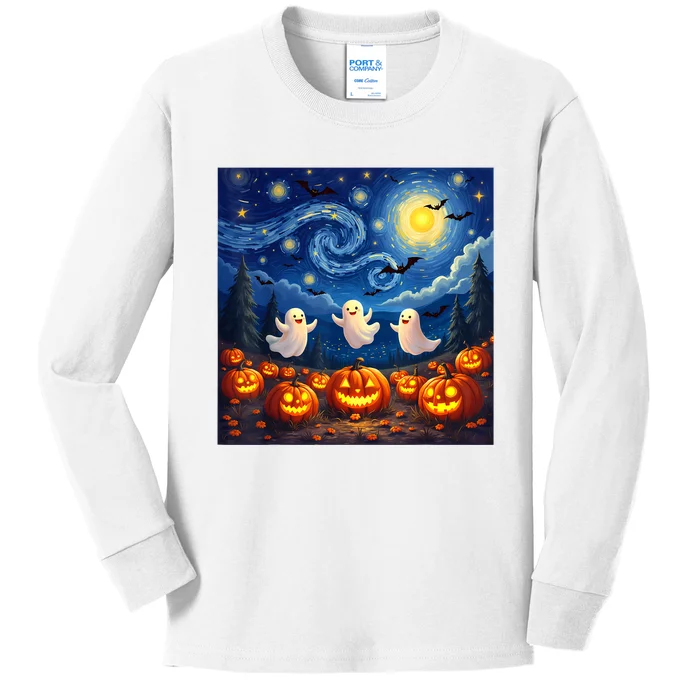 Boo Ghost Halloween Pumpkin Starry Night Van Gogh Kids Long Sleeve Shirt