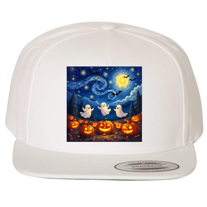 Boo Ghost Halloween Pumpkin Starry Night Van Gogh Wool Snapback Cap