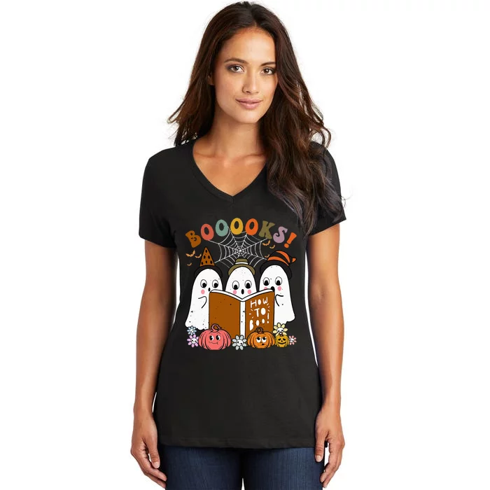 Booooks Ghost Halloween Groovy Vintage Teacher Book Reading Women's V-Neck T-Shirt