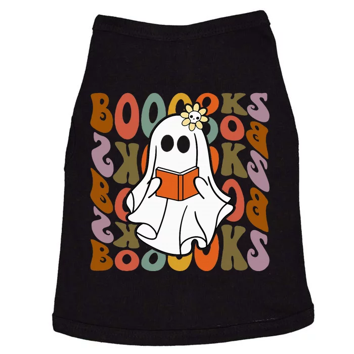 Booooks Ghost Halloween Groovy Vintage Teacher Book Reading Doggie Tank