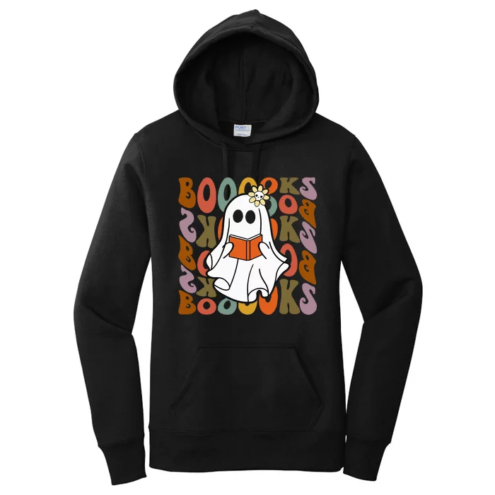 Booooks Ghost Halloween Groovy Vintage Teacher Book Reading Women's Pullover Hoodie