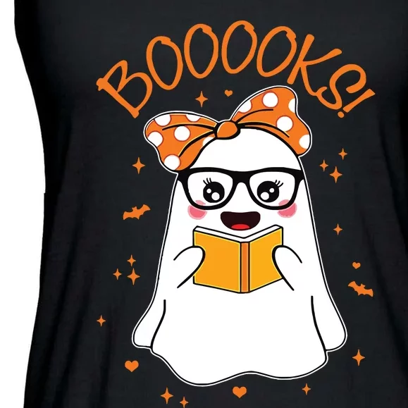 Booooks Ghost Halloween Women Teacher Book Library Reading Ladies Essential Flowy Tank