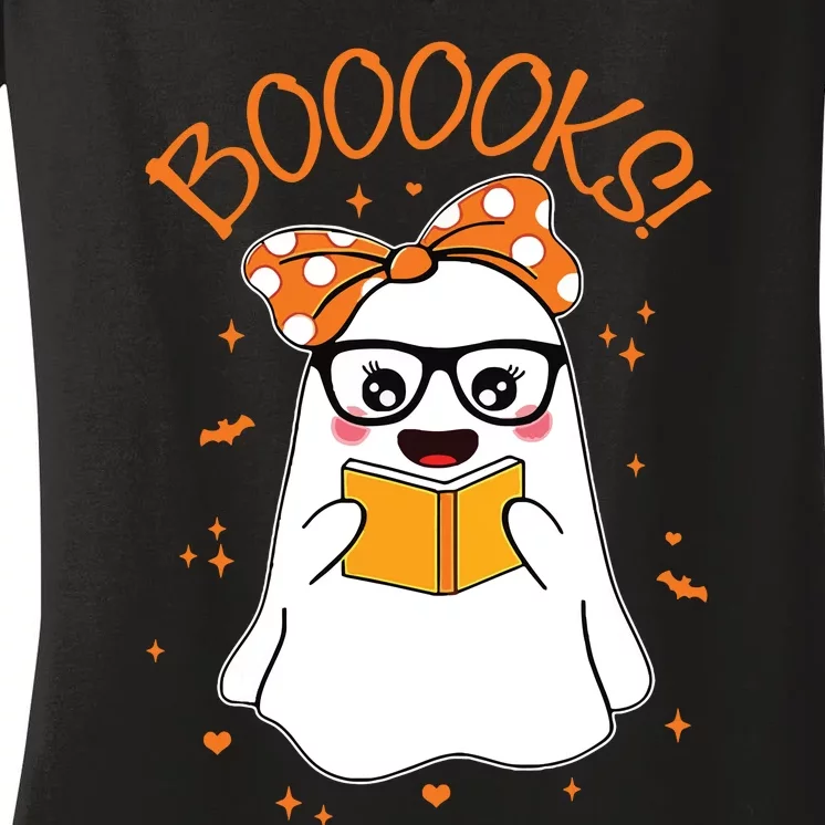 Booooks Ghost Halloween Women Teacher Book Library Reading Women's V-Neck T-Shirt