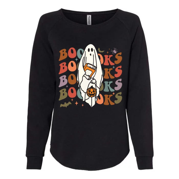 Booooks Ghost Halloween Groovy Vintage Teacher Book Reading Womens California Wash Sweatshirt