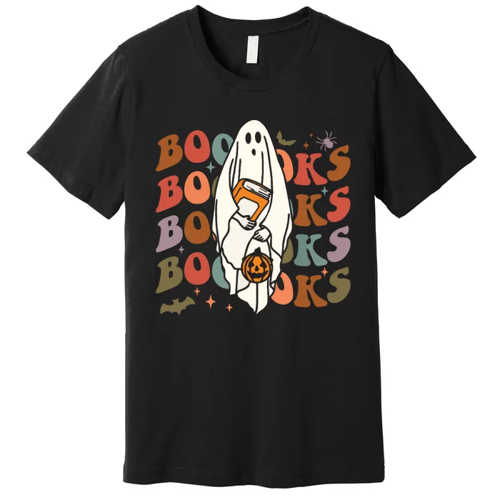 Booooks Ghost Halloween Groovy Vintage Teacher Book Reading Premium T-Shirt