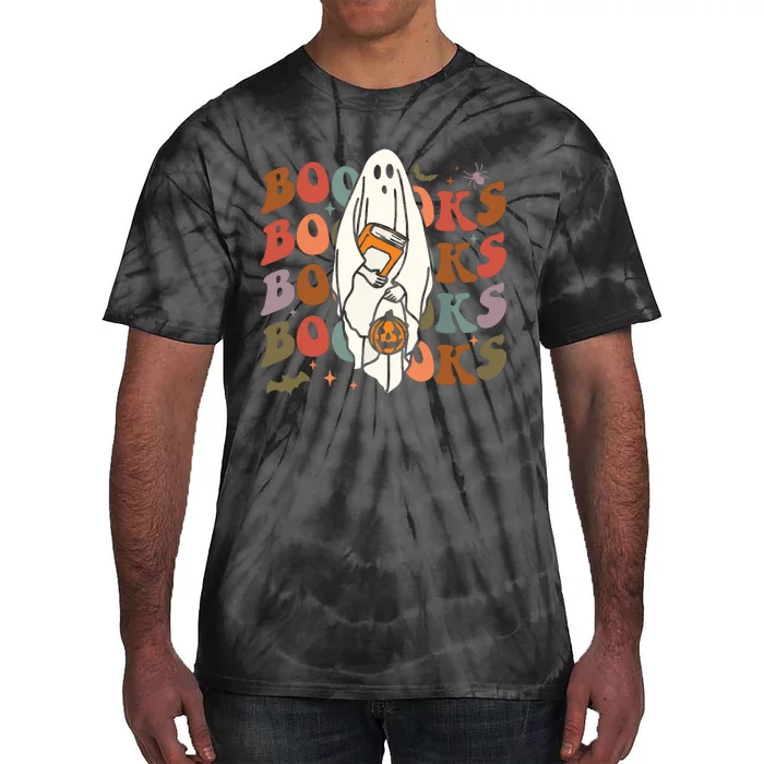 Booooks Ghost Halloween Groovy Vintage Teacher Book Reading Tie-Dye T-Shirt