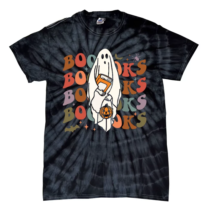 Booooks Ghost Halloween Groovy Vintage Teacher Book Reading Tie-Dye T-Shirt