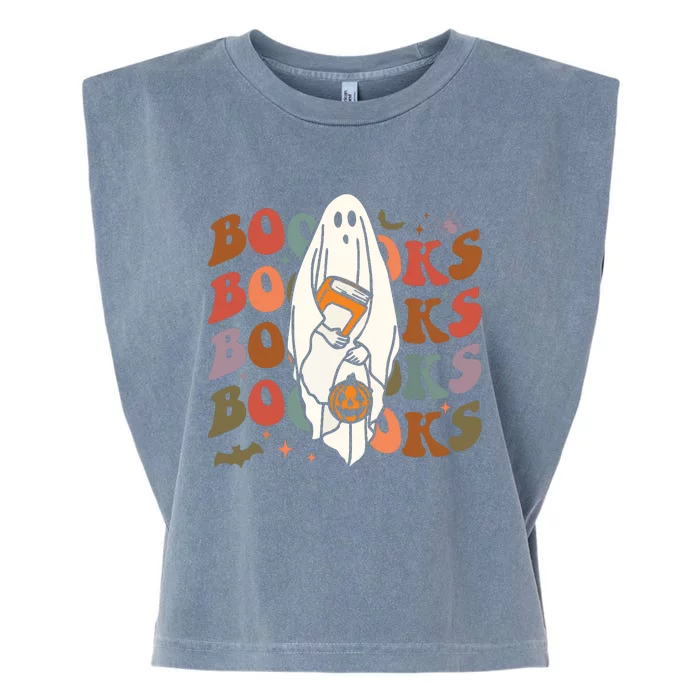 Booooks Ghost Halloween Groovy Vintage Teacher Book Reading Garment-Dyed Women's Muscle Tee