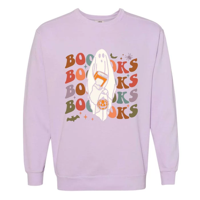 Booooks Ghost Halloween Groovy Vintage Teacher Book Reading Garment-Dyed Sweatshirt