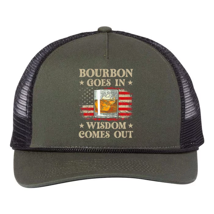 Bourbon Goes In Wisdom Comes Out Funny Drinking Retro Rope Trucker Hat Cap