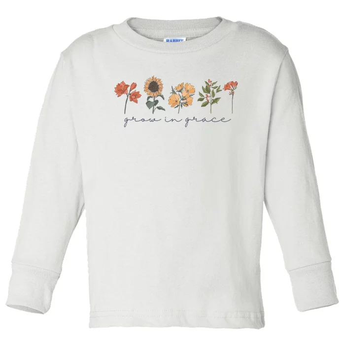 Boho Grow In Grace Wildflower Christian Scripture Religious Toddler Long Sleeve Shirt