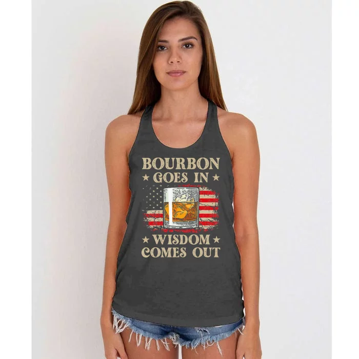 Bourbon Goes In Wisdom Comes Out Funny Drinking Women's Knotted Racerback Tank