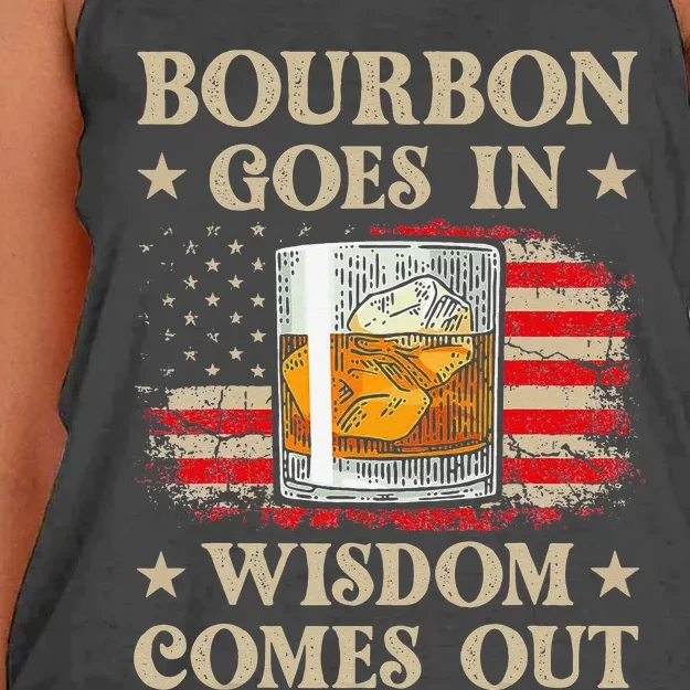 Bourbon Goes In Wisdom Comes Out Funny Drinking Women's Knotted Racerback Tank