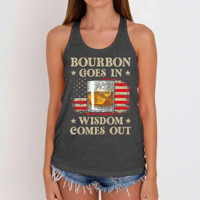 Bourbon Goes In Wisdom Comes Out Funny Drinking Women's Knotted Racerback Tank