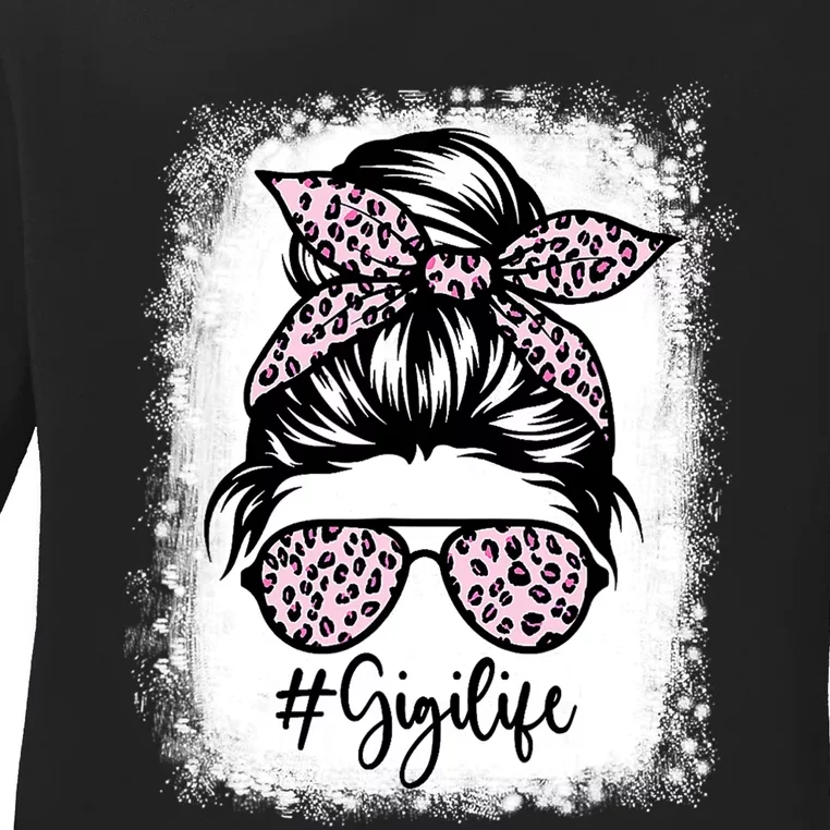 Bleached Gigi Life Messy Bun Leopard Print Mothers Day Ladies Long Sleeve Shirt