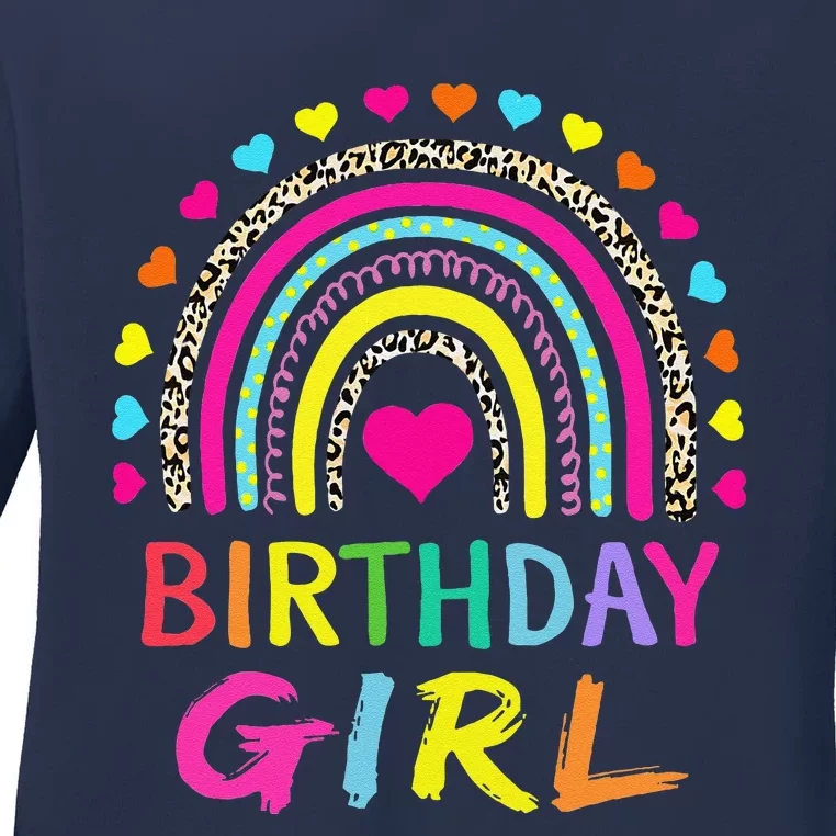 Birthday Girl Leopard Rainbow Birthday Party Family Ladies Long Sleeve Shirt