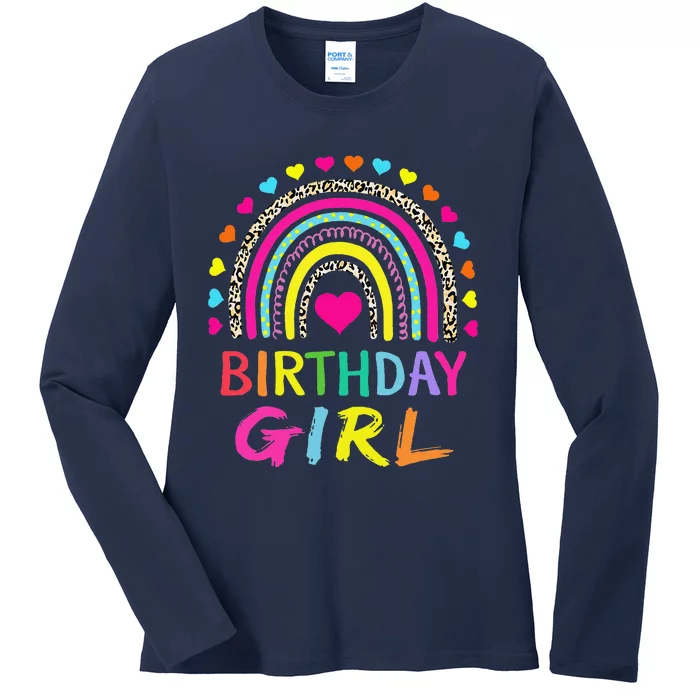 Birthday Girl Leopard Rainbow Birthday Party Family Ladies Long Sleeve Shirt