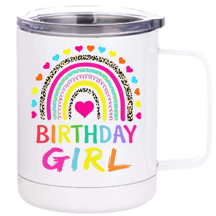 Birthday Girl Leopard Rainbow Birthday Party Family Front & Back 12oz Stainless Steel Tumbler Cup