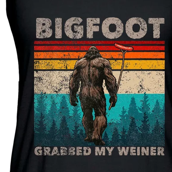 Bigfoot Grabbed My Wiener Funny Sausage Sasquatch Believers Ladies Essential Flowy Tank